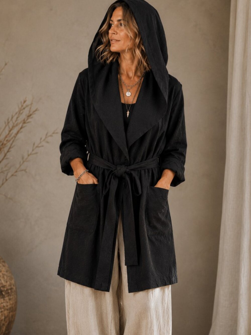 Zara Black Faux Suede Hooded Belted Wrap Jacket XL Lagenlook Minimalist NWOT